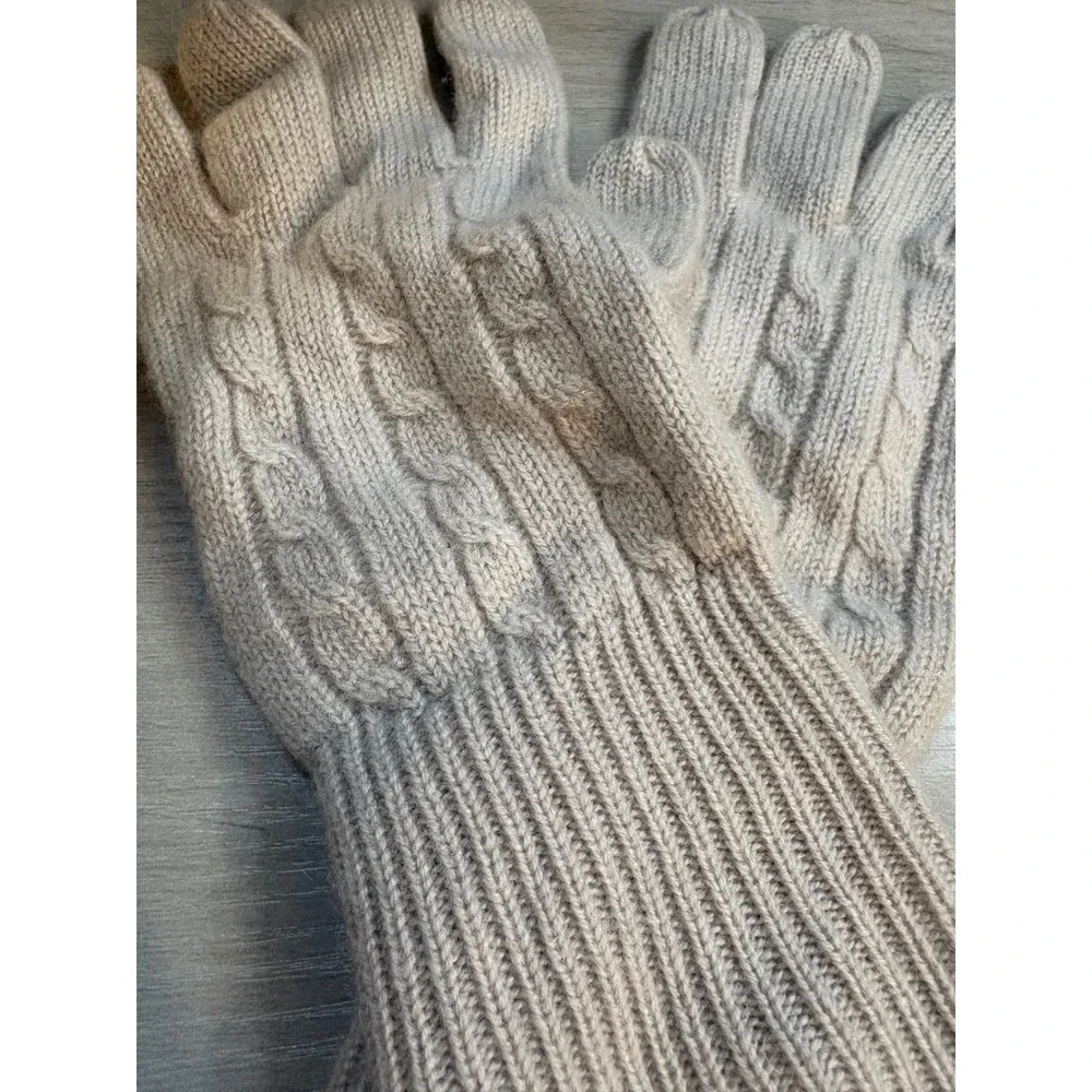 Fisher Finery 100‎ Cashmere Cable Knit Beanie Hat Gloves Set Beige Women OS
